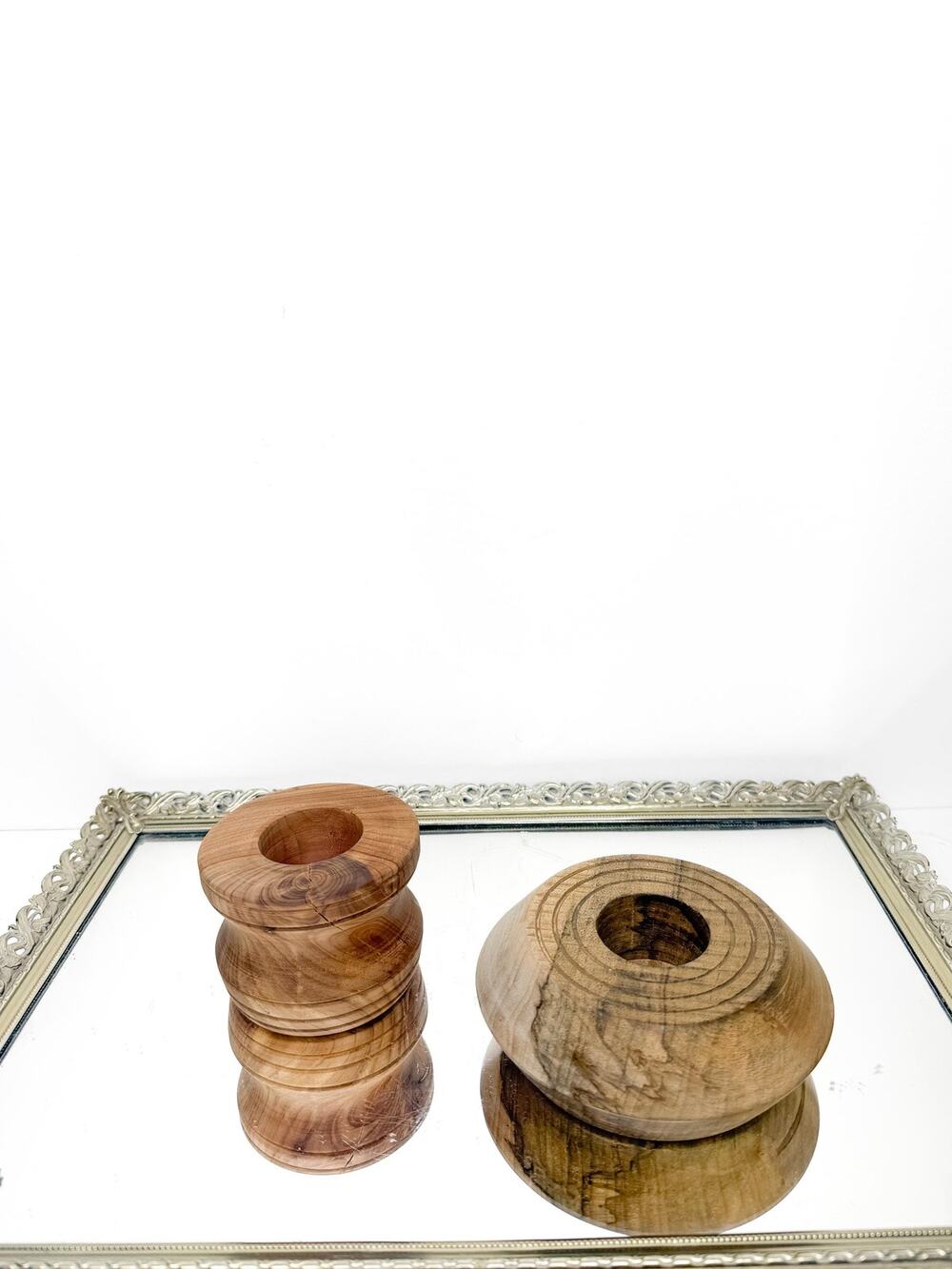 Set of two signed Candle Stick Holders Hand Turned Crafted Solid Wood